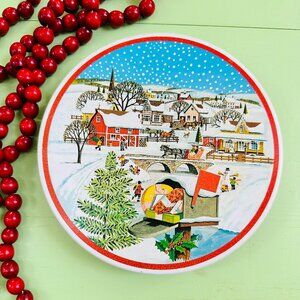 Vintage Christmas Cookie Tin Xmas Biscuit Tin Round Outdoor Winter Snow Scene